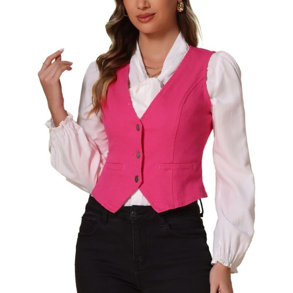 Women's Denim Sleeveless V-Neck Button-Down Vest - Hot Pink Medium